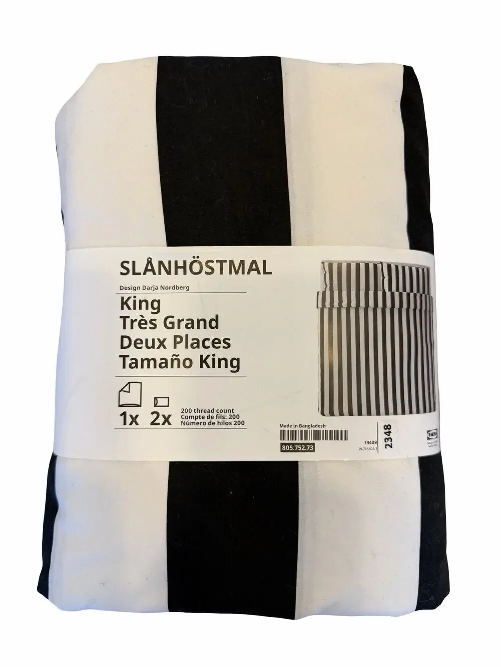Brand New IKEA SLANHOSTMAL King Duvet Cover Black Set White Striped